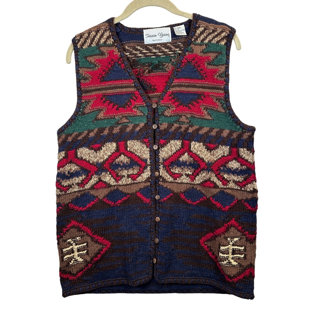 Sharon Young Sportswear Vintage Southwestern Knit Vest Ramie Cotton Multi Medium